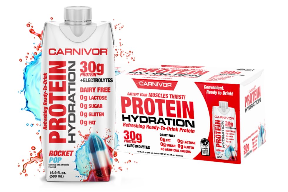 MuscleMeds Carnivor Protein Hydratation RTD, Prêt à boire, Sans lactose, Sans sucre, 30g Protéine isolante, certifié Halal, Rocket Pop, 16,9 Fl Oz (paquet de 12)