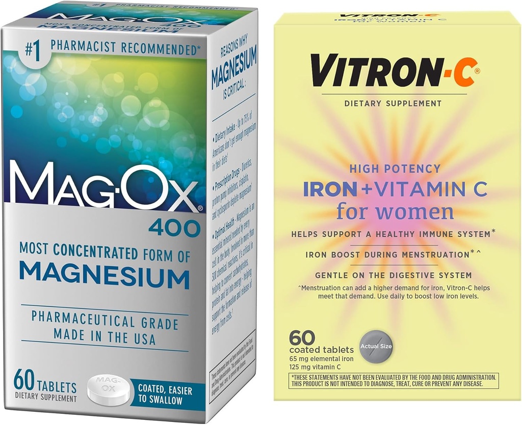 Supplément de fer à haute puissance Vitron-C, soutien immunitaire 60ct et Mag-Ox 400 Supplément minéral de magnésium 60ct