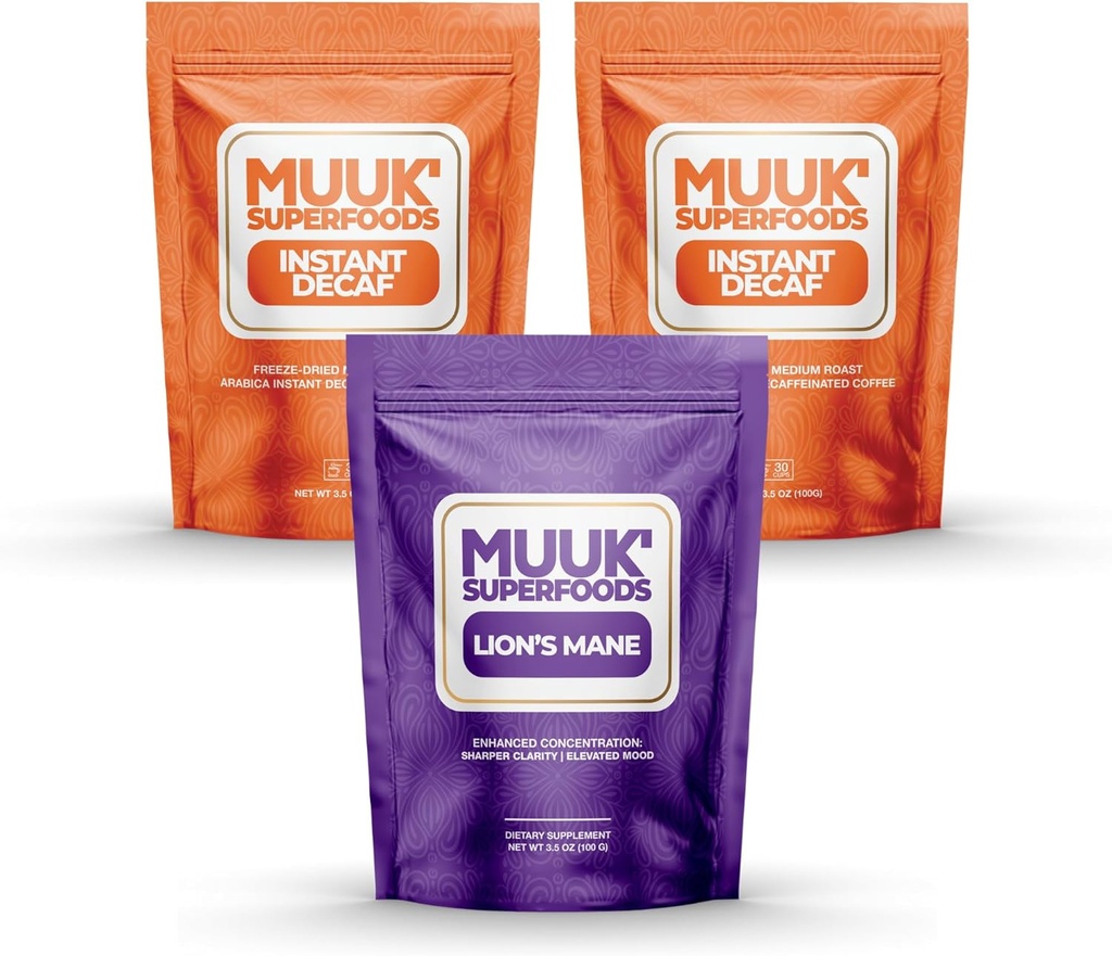 MUUK' SUPERFOODS | Decaf Pilz Kaffee Bundle | 60 Servierungen von Lion's Mane Mushroom Powder Plus 60 Tassen Decaffeinated Instant Coffee