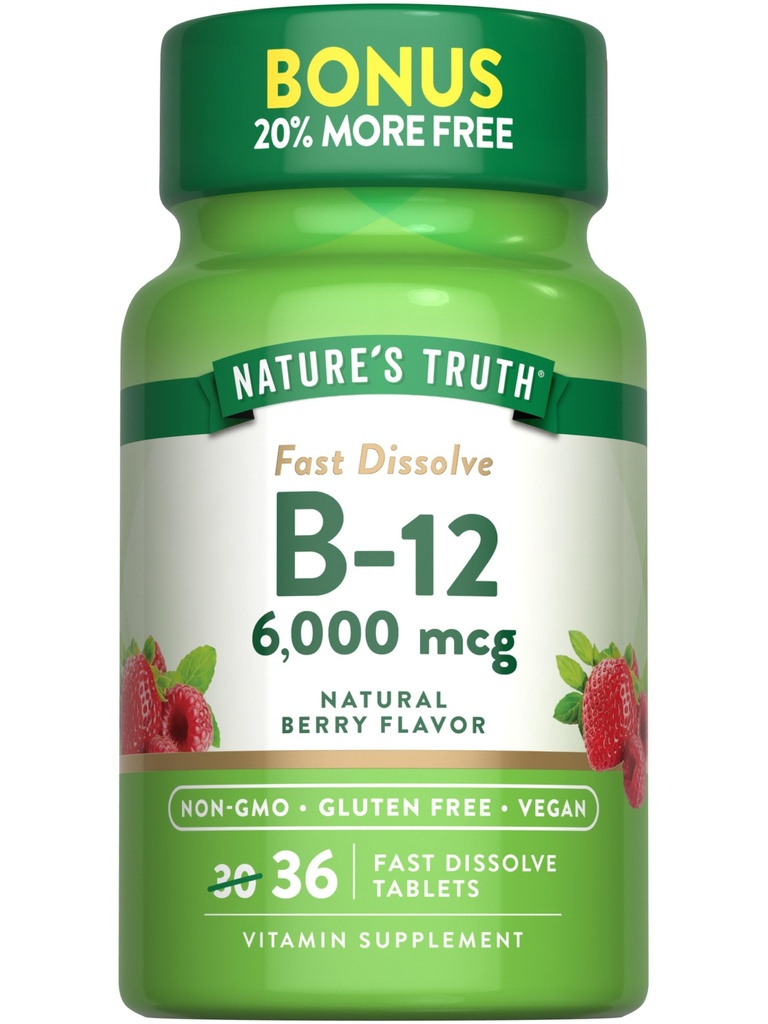 Nature's Truth B12 Vitamin 6000 mcg | Methylcobalamin | 36 Tabletten | Fast Dissolve Natural Berry Flavor | Vegan, Non-GMO & Gluten Kostenlos