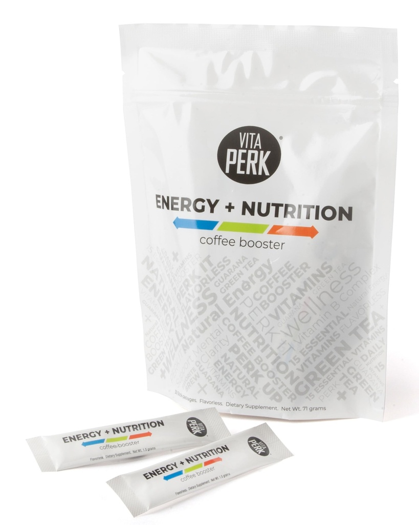 VitaPerk Flavorless Energy Drink Powder - Polvere multivitamina con 15 vitamine e minerali, tè verde & Guarana per il supporto energetico, migliorare il vostro caffè, tè, Smoothies & More - 0.05oz, 30 Stick Packs