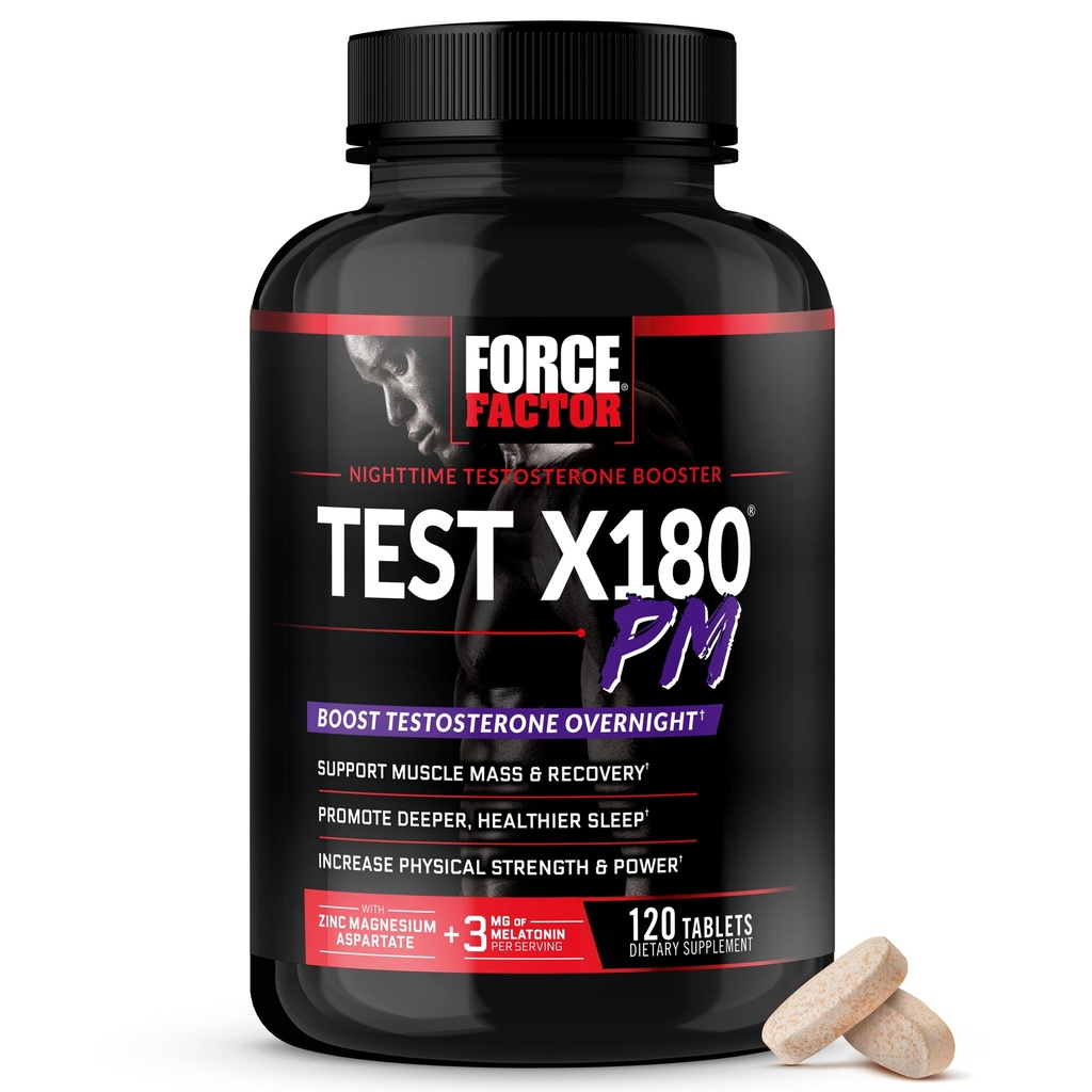 Test du facteur de force X180 PM booster testostérone pour les hommes, Supplément testostérone nuit pour construire le muscle, augmenter la force, et promouvoir plus profond, sommeil plus sain et récupération, 120 comprimés
