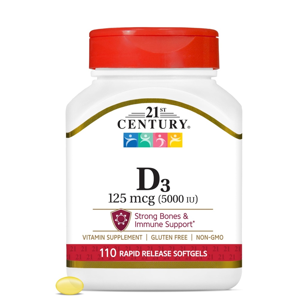 21st Century Healthcare Vitamin D3 125 mcg (5.000 IU) Rapid Release Softgels, 110 Count