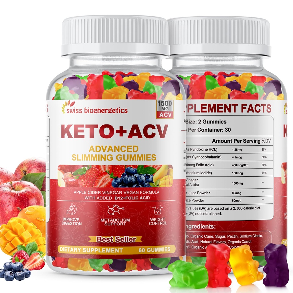Gummies di sidro di mele Keto, Keto ACV Integratore di dieta pancia, Advanced 1500mg ACV Gummies con Folate, B12 CircaB6 e Keto Supporto per donne uomini, Gelatin- Free, Vegan & Non-GMO (Multi-Flavor)