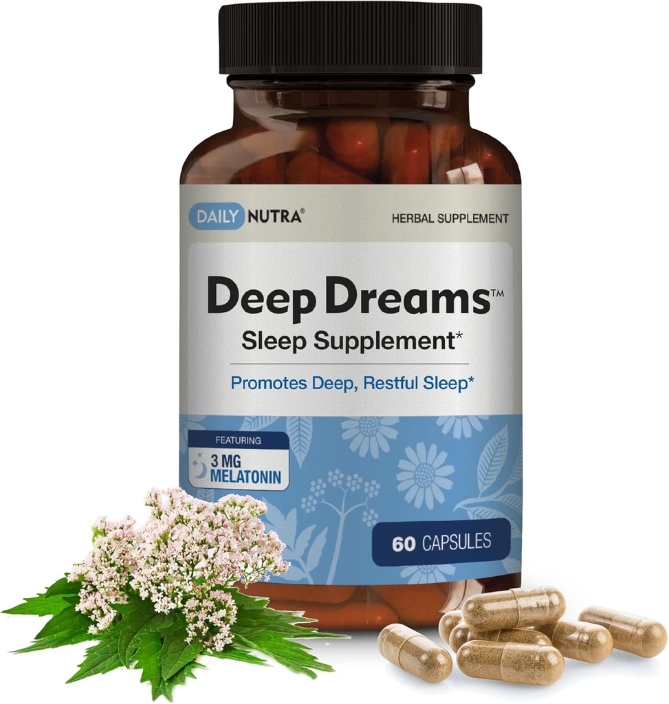 Deep Dreams ~ Natural Herbal Sleep Supplement promuove il sonno profondo, riposante, non habit formando con Melatonina, L-Tryptophan, Valerian, GABA, camomilla, & Passionflower (60 capsule)