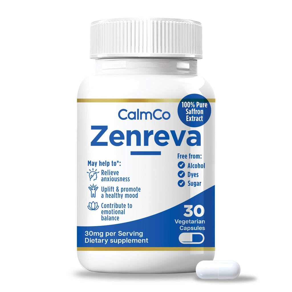 CalmCo Zenreva, Pure Saffron Extract Capsules – Boost Mood, Verbesserung des Fokus, Reduzierung der Angst, Unterstützung Emotional Balance & Schlaf, Metabolismus Booster, Non-GMO Vegan Capsules, 30 Count