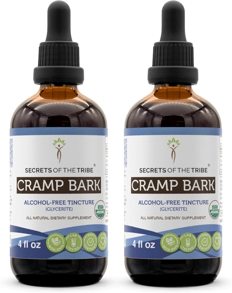 Secrets of the Tribe Cramp Bark USDA Organic | Alkoholfreier Extrakt, hochkarätige Kräutertropfen | Hergestellt aus 100% zertifizierter Bio-Krebsrinde (Viburnum Opulus) Getrocknete Rinde (2x4 FL Oz)