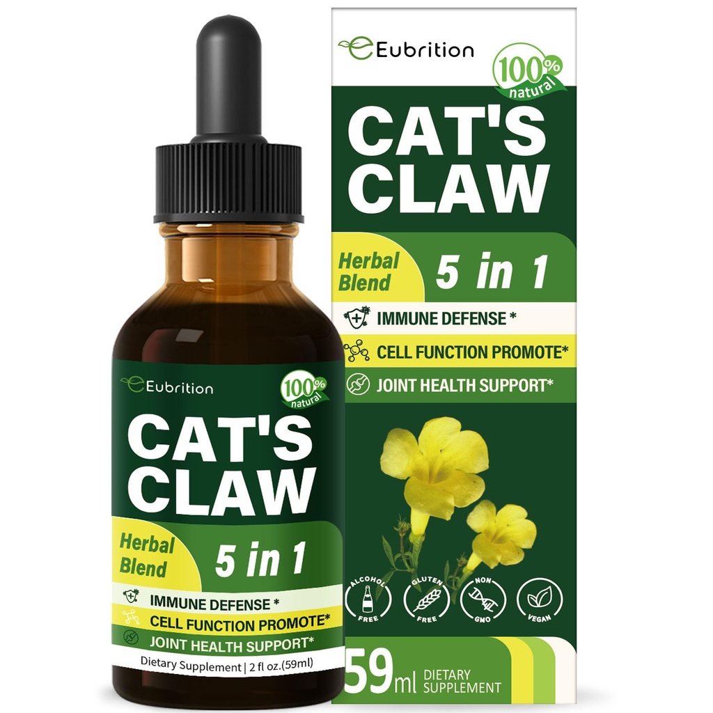 Claw herbe de chat (Uña de Gato) Immuni Support gouttes liquides, supplément à base de plantes 5-en-1 avec Echinacea & Elderberry Extract, Teinture sans alcool pour l'Immunity Boost, Joint & Bone Health. 2 oz