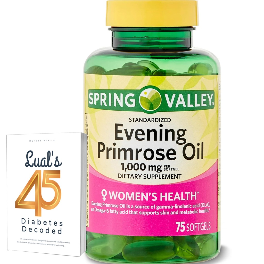 Frühlingstal Abend Primrose Öl Frauen Gesundheit Nahrungsergänzungsmittel Softgels, 1000 mg, 75 Count, Softgels, Abend Primrose Öl Kapseln 1000mg Bundle mit LualL's 45 Diabetes Decodiert