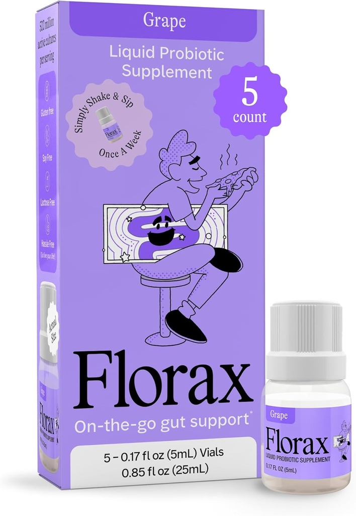 Florax - Probiotico Liquido - Supporto Gut On-the-go per Donne, Uomini e Bambini - Vegan, Gluten Free, Lattosio Free, Soy Free e Preservative Free - Uva Flavor - 5 Vials