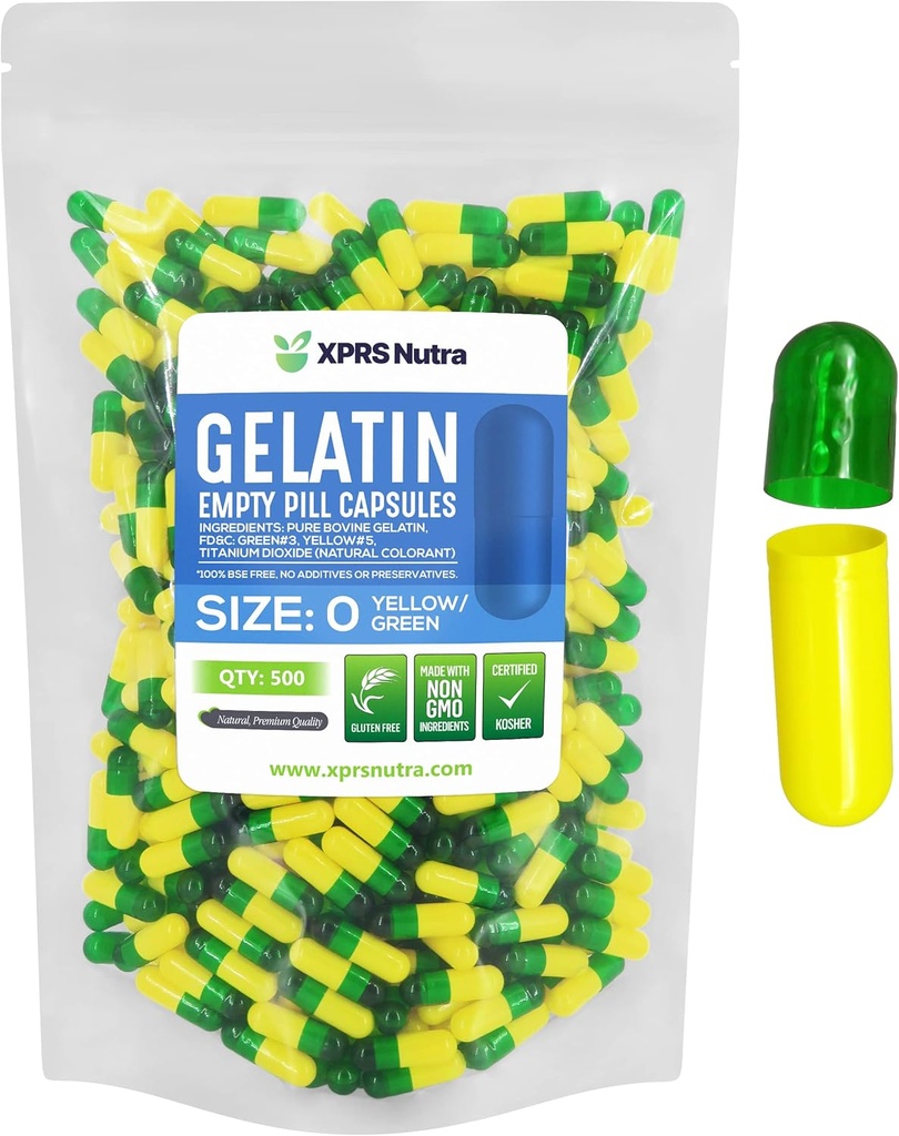 XPRS Nutra Größe 0 Leere Kapseln - 500 Graf Leere Gelatine Kapseln - Pillen für DIY Kapselfüllung - Pure Bovine Pill Gel Kapseln für Do-It-Yourself-Ergänzungen (Grün/Gellow)