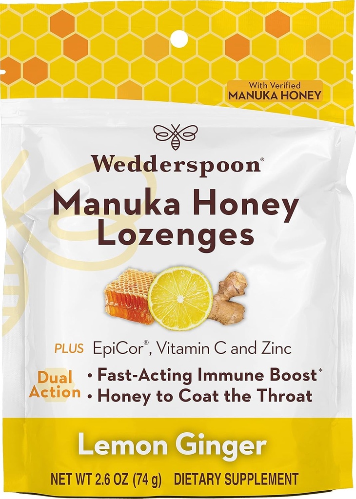 Wedderspoon Manuka Honey Immunität Lozenges, Lemon Ginger, 2.6 Oz (Pack von 1), Echter neuseeländischer Honig, Boost Immunität innerhalb von zwei Stunden