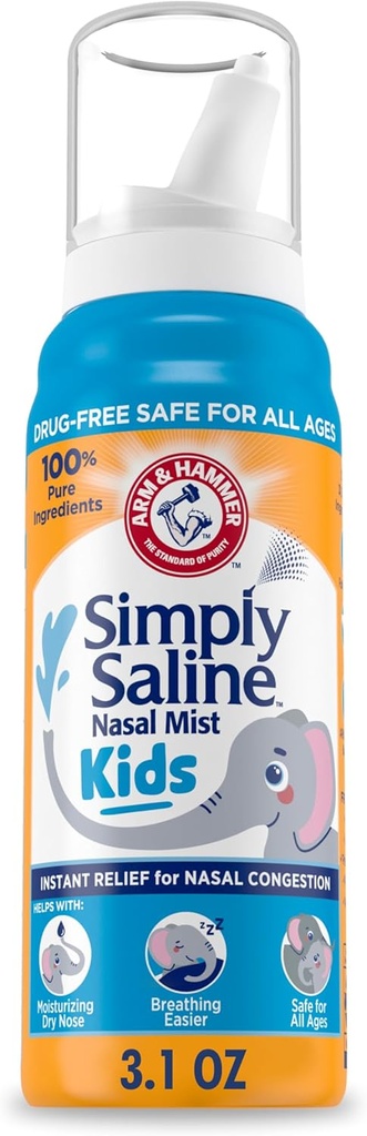 ARM & HAMMER Simply Saline Kids Nasal Mist, Saline Spray for Gentle Nasal Congestion Relief, 3.1 Oz