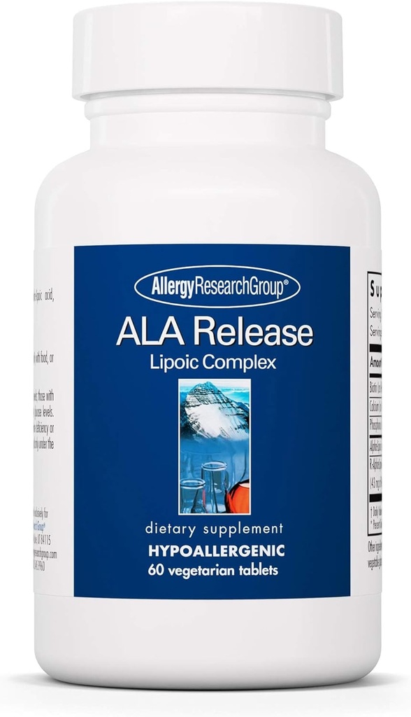 Groupe de recherche sur l'allergie Rejet d'ALA - Complexe acide alpha-lipoïque, R-alpha-lipoïque, Biotine, Calcium, Supplément nutritionnel, Comprimés végétariens - 60 Nombre