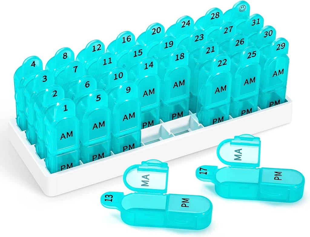 Zoksi Monatliche Pille Organizer 2 Mal pro Tag, 30 Tage Pille Box Organizer Am Pm, Tägliche Pille Case mit 32 großen Komponenten für jeden Tag, Portable Travel Pill Container für Vitamine und Medizin(Cyan)