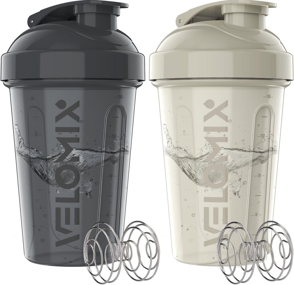 VELOMIX -2 Pack- Bouteilles de shaker protéinique de 20 oz pour les mélanges protéiniques - 2x Whisk filaire.