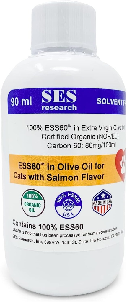 SES Forschung C60 für Haustiere in Bio extra Virgin Olivenöl mit Lachs Geschmack - Haustiere Nahrungsergänzung - Antioxidante Ergänzung - Lösungsmittelfrei - Immunität Booster - Boosts Energy & Mood - Fokus - 90ML
