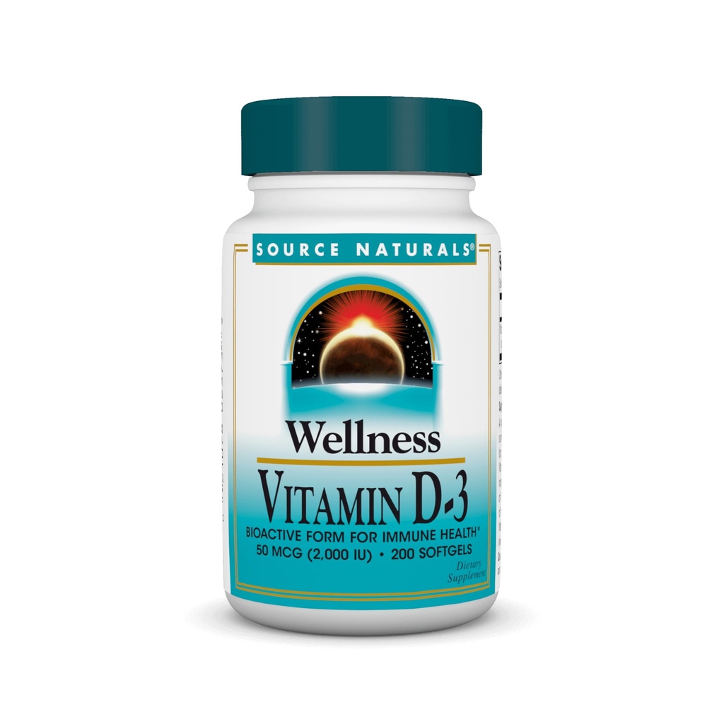Source Naturals Wellness Vitamine D-3 2000 iu Forme bioactive pour la santé immunitaire* - 200 Softgels
