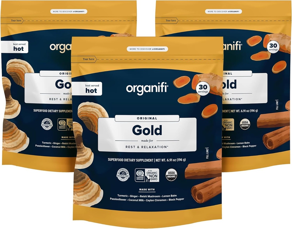Organifi: Gold - Superfood-Ergänzung Pulver- 90 Servierungen (3 Pack) - Stress-Unterstützung, Bessere Erholung, Entspannung und fördert wiederkehrenden Schlaf - Turmeric und Reishi Infused
