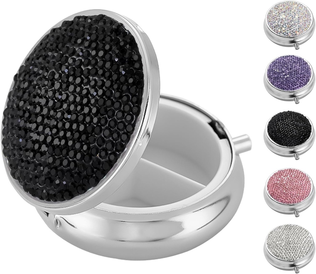 Bling mignon petite boîte à pilules, cas de pilule de Strass pour les femmes filles Huiles de poisson Vitamines Médecine, métal Portable Pill Case Organisateur pour la Purse, Pocket, Voyage (Bling Black)