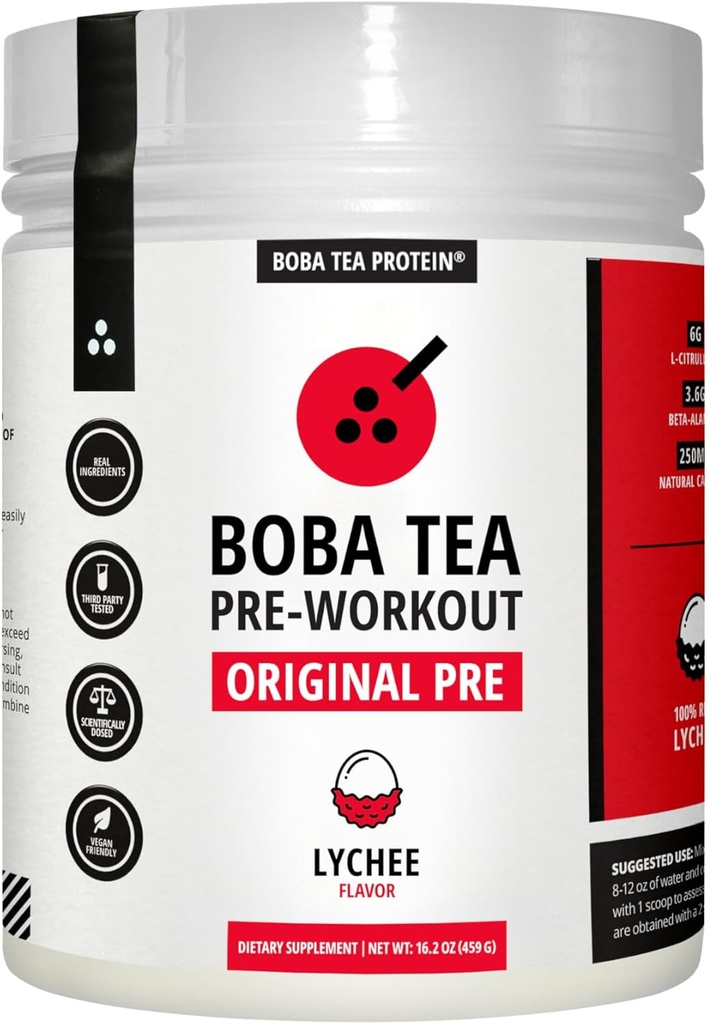 Boba Tea Pre-Workout Powder - Lychee Flavor - 125-250mg Caféine - L-Citrulline, Beta Alanine, Alpha-GPC - Ingrédients réels