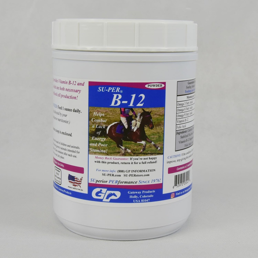 SUPER B12 pour chevaux - Vitamines équidés B-12 et B-9 Poudre de soutien à l'acide folique - Supplément pour chevaux énergétiques - 2,5 livres, (2 paquets)