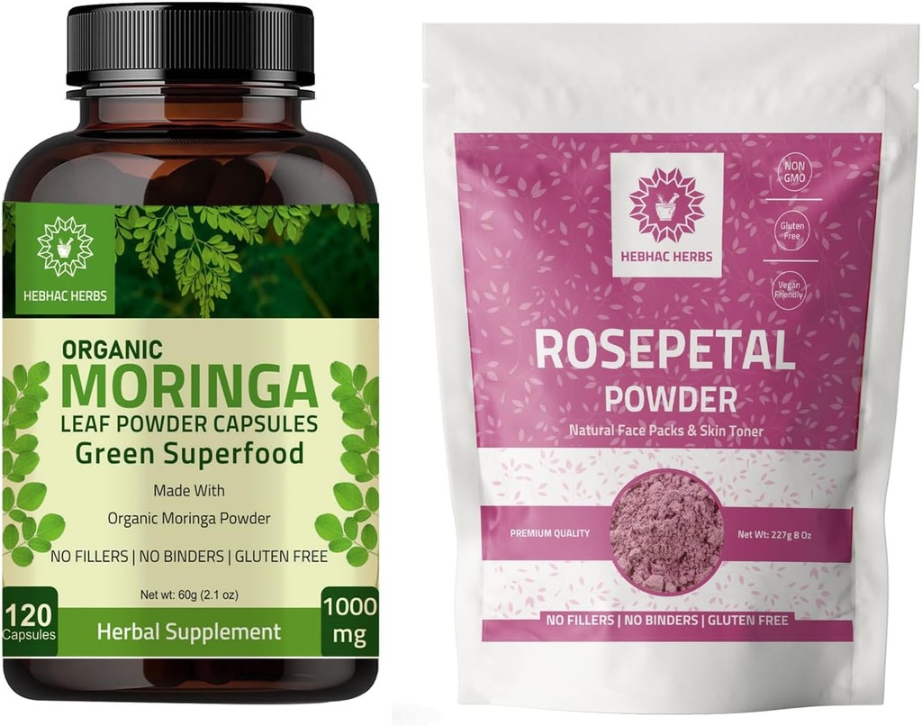 Bio Moringa Kapseln 120 Kapseln 1000mg und Rose Petal Pulver 227g | Rose Petal Flower Pulver 8 oz |
