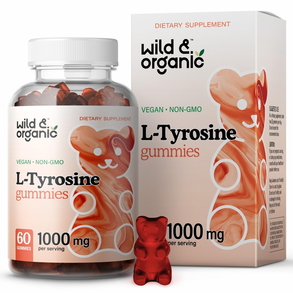 Wild & Organic L Tyrosine 1000mg Gummis - Brain Support Supplement für Fokus und Stimmung - Vegan Focus Gummis w/L-Tyrosine Pulver - 60 Non-GMO-Schuhe