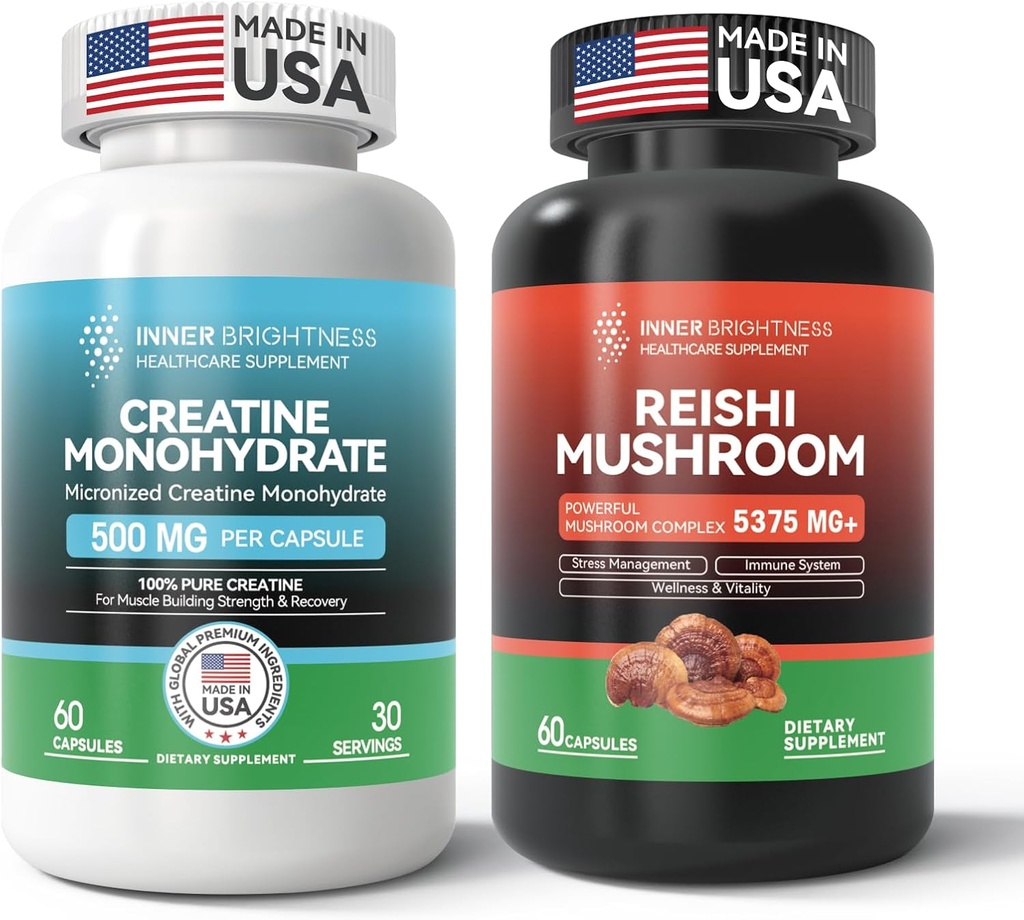 Reishi Mushroom Supplemento con Cordyceps + Creatine Monohydrate Capsule per Muscle Builder