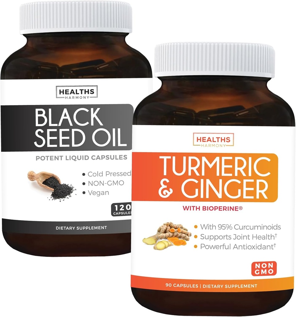 Ensemble d'huile de tournesol et de gingembre et de grain noir - Mélange d'harmonie dorée - Turcuma et gingembre avec 95 % de curcuminoïdes et de biopérine (90 capsules) et huile de graines noires (non-OGM) 100 % d'huile de cumin pressée à froid