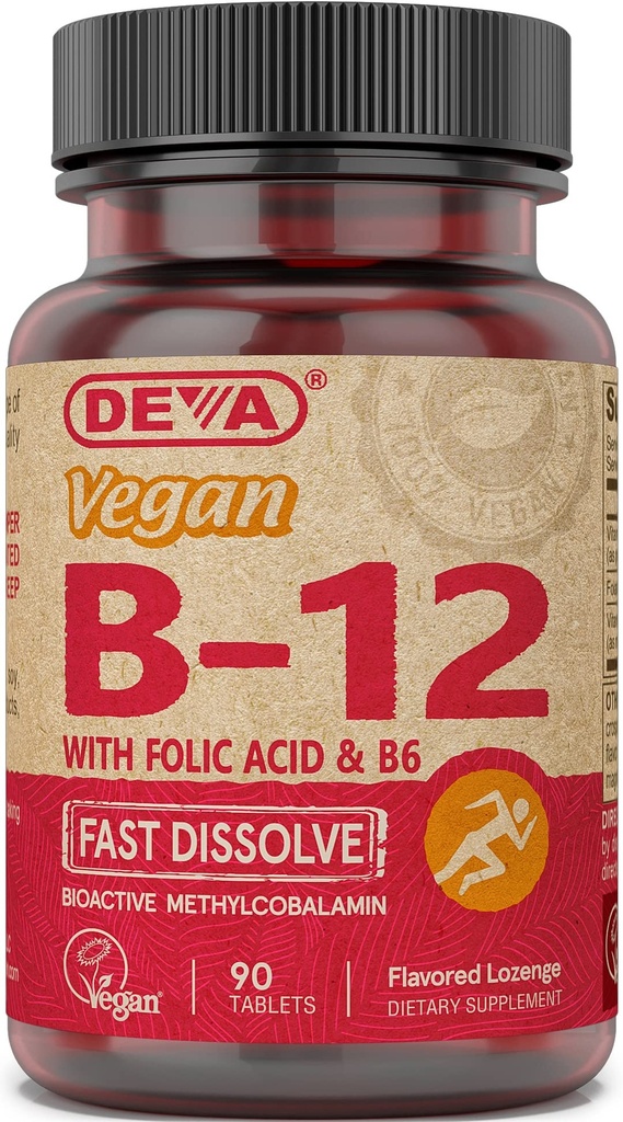 EVA Vitamine végétalienne B12 Supplément Dissolve rapide - Complexe une fois par jour avec 1000 Mg de méthylcobalamine B12, Acide folique, B6 - Saveur de citron - 90 comprimés dissolvables,