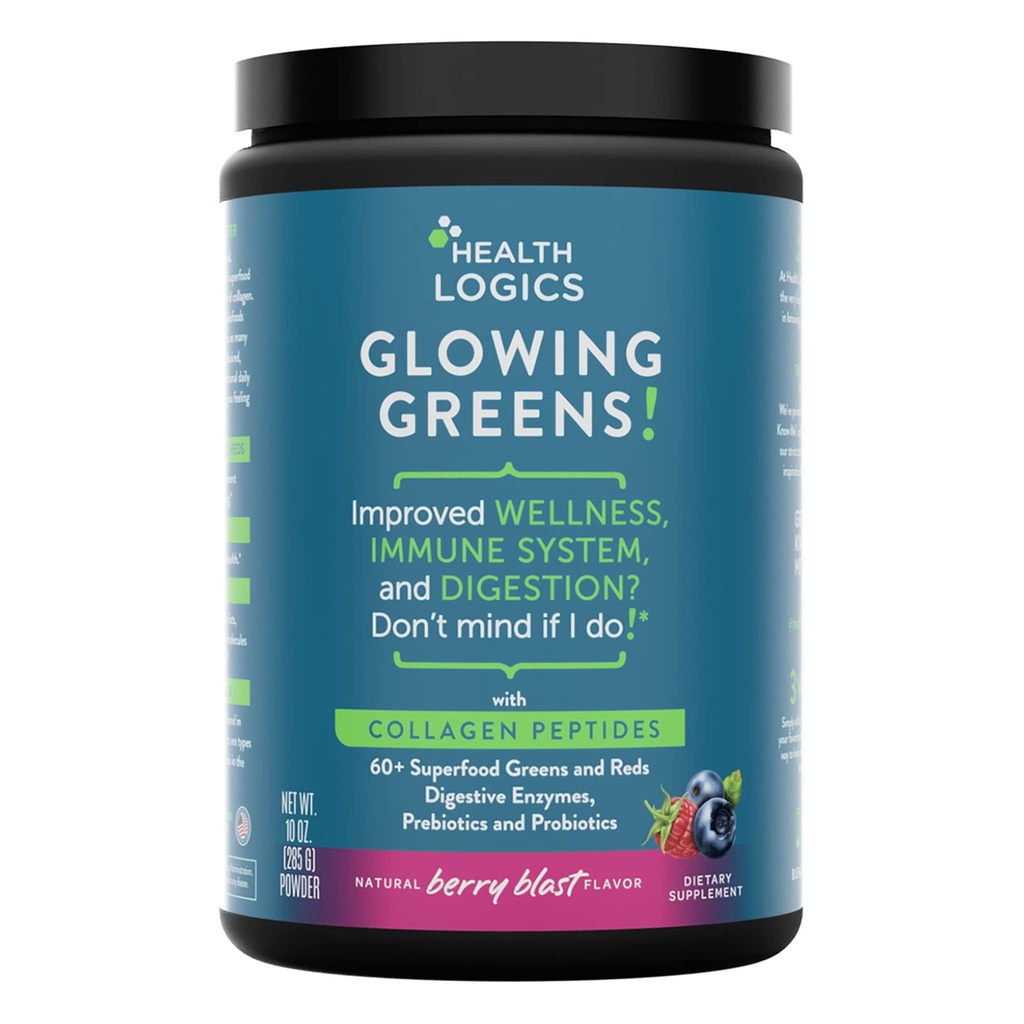 Salute Logiche Glowing Greens Superfood Polvere con Peptidi di collagene, enzimi digestivi, prebiotici e probiotici – Antiossidante, Migliorare il benessere, Immune, Digestivo e Gut Health Support