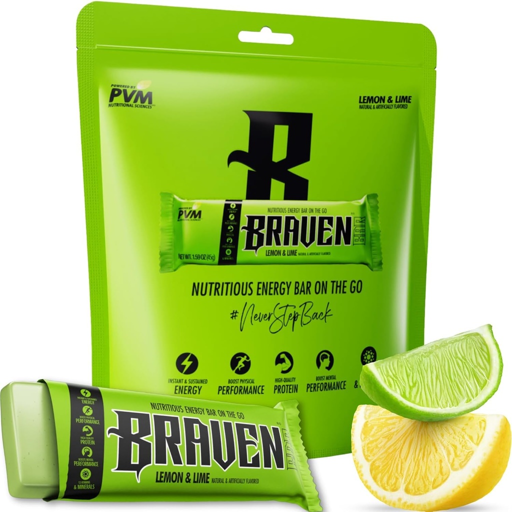 Braven Bar Lemon Lime Energy Bars (1,59 oz, pack de 10) – Chews d'énergie avec 5g de protéines – Snacks d'énergie sur le trajet pour la course, la randonnée et le sport - Snacks sans gluten pour le renforcement énergétique durable