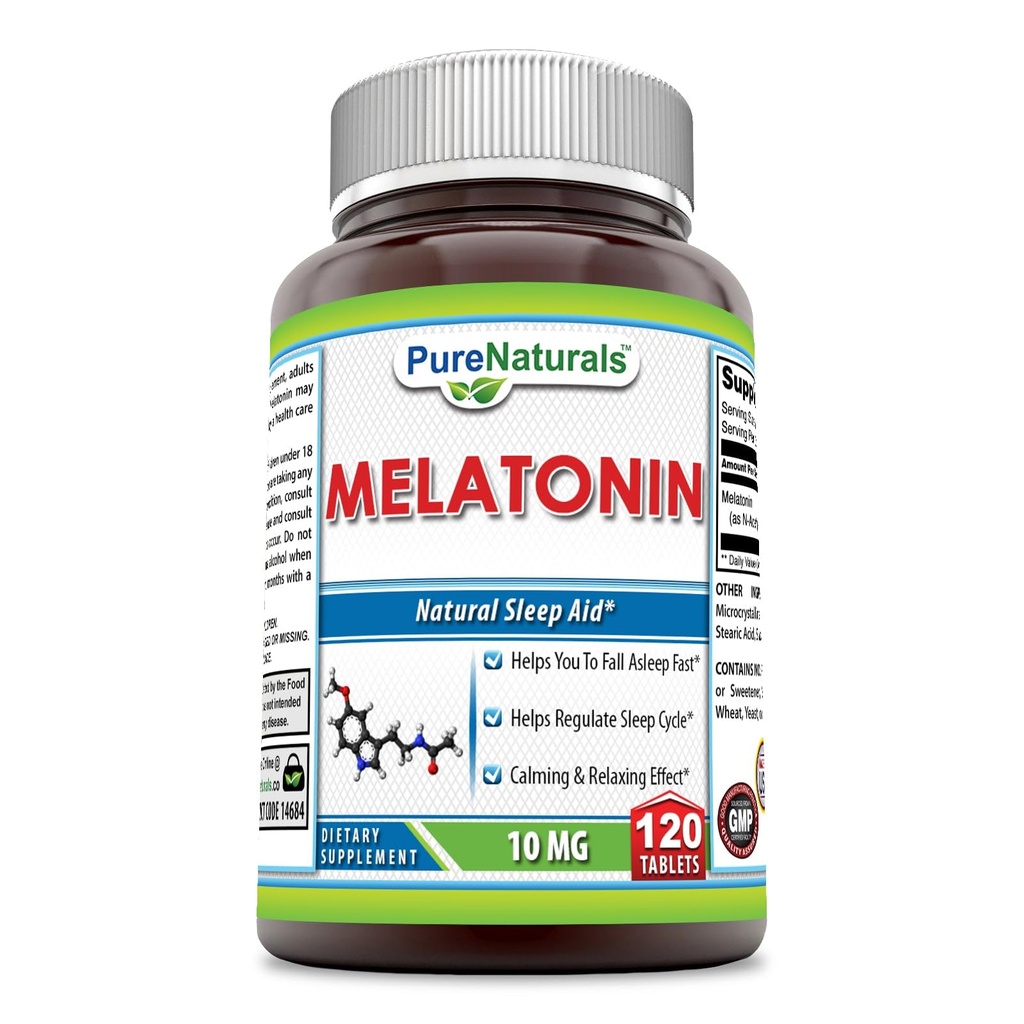 Pure Naturals Melatonin Supplemento | 10 Mg Per Serving | 120 compresse | Non-GMO | Gluten-Free | Made in USA