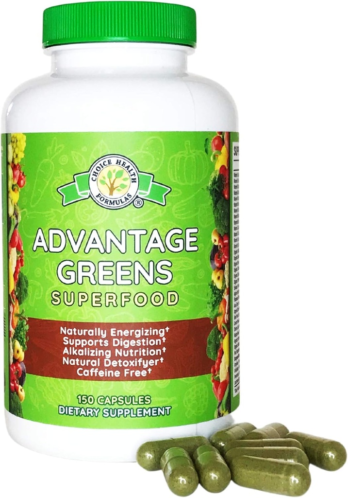 Vantaggio Greens Superfood - Energy Promoter - erba di grano, erba di orzo, Spirulina, Spinaci, clorella, barbabietole, Kale Supplement (150 Cap)