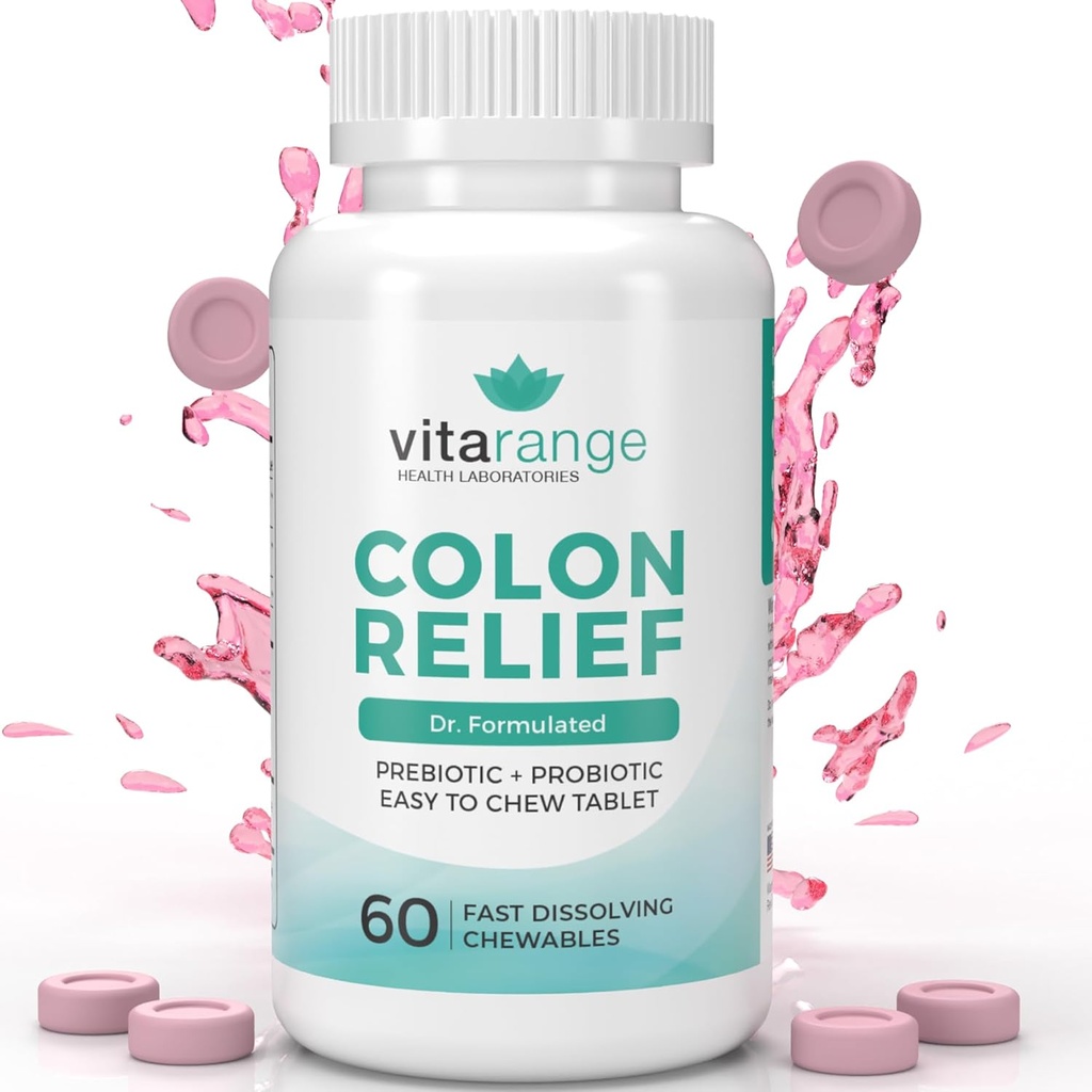 Rilievo Colon di VitaRange- Veloce costipazione e Bloating Relief con Sunfiber Prebiotic Fiber e Pre + Probiotici per la salute digestiva - 60 Chewable Strawberry Tablets – Doctor Formulated Probiotics