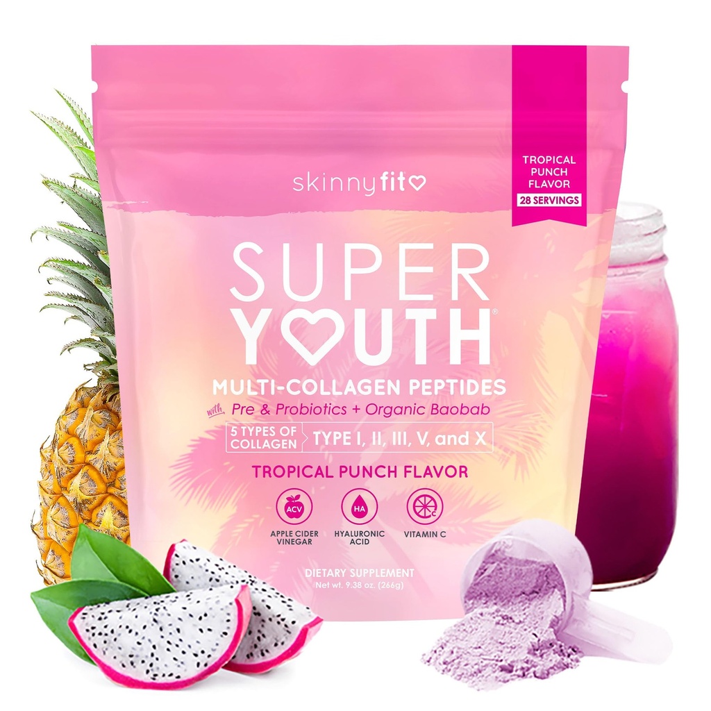 SkinnyFit - Collagene Super Gioventù per le Donne - Polvere Multi Collagen Peptides - Probiotici, Fibra, Acido Ialuronico - Non OGM, Gluten Free, Sugar Free - Beauty & Self Care - Punch tropicale (28 Serve)
