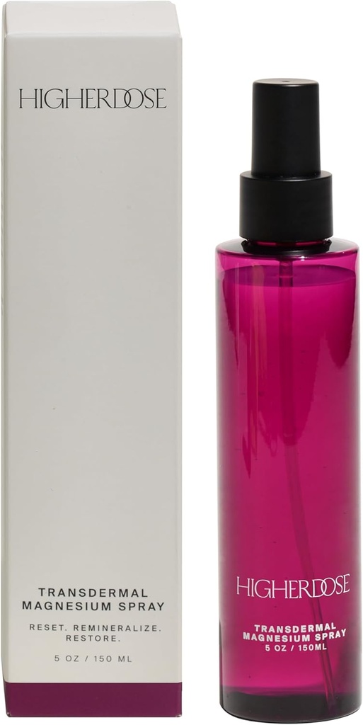 HigherDOSE Transdermal Magnesium Spray - gereinigtes Wasser & Meer Salz Körperspray für Muskelrückgewinnung, Mood Support & Hormon Balance - Relax and Absorb Electrolytes (5 Fl Oz) (Packaging May Vary)