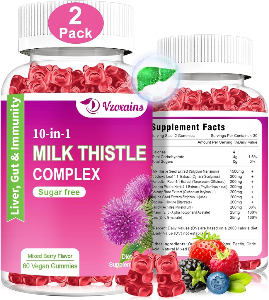 Gummies de chardon de lait, 10 en 1 formule à base de plantes pour nettoyer le foie Réparation de détox avec racine de dandelion, curcuma, artichaut Fonction optimale du foie et la santé digestive Mélange d'arôme de baies