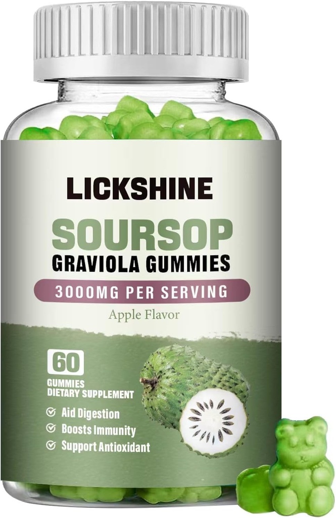 1 Pack Soursop Graviola Gummis - 3000mg Extra Strength Soursop Blätter Supplement mit Vitamin C, Zink - Verdauungshilfe, Immununterstützung & Antioxidans - Zuckerfrei, Non-GMO, Vegan, 60 Zähler