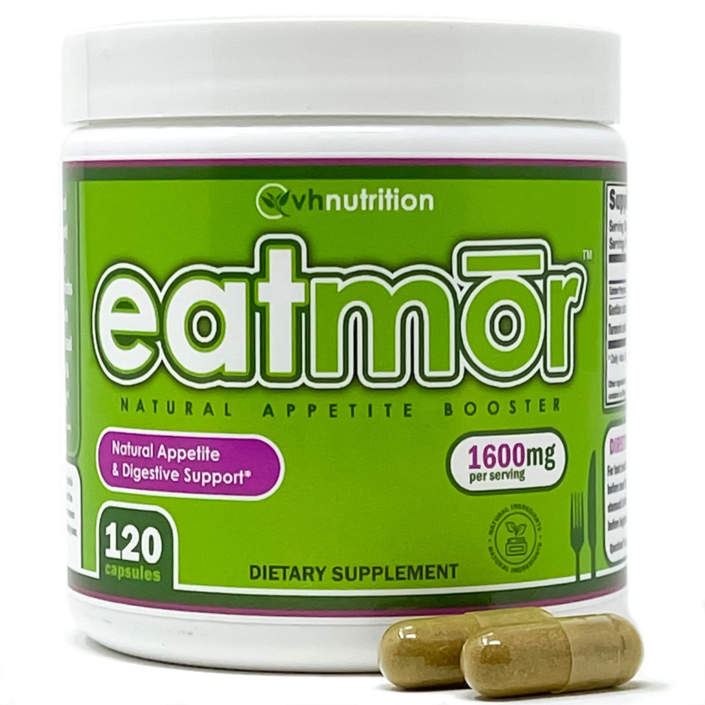 VH Nutrition Eatmor | Appetite Booster | Pillole di guadagno di peso* per le donne e gli uomini | Progettato per le donne con Gentian, Ginger, Alfalfa | 120 capsule Easy-to-Swallow