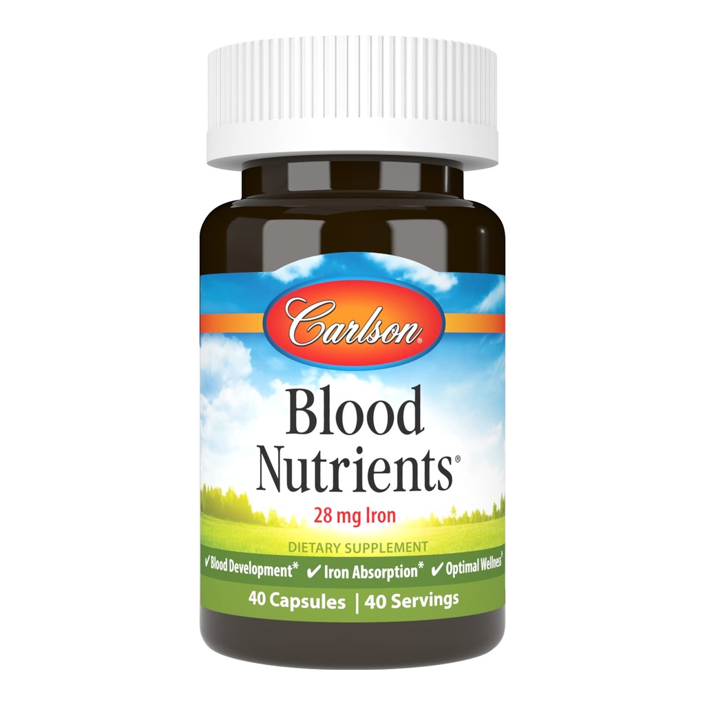 Carlson - Nutriments sanguins, 28 mg de fer, développement sanguin, absorption de fer et bien-être optimal, 40 capsules