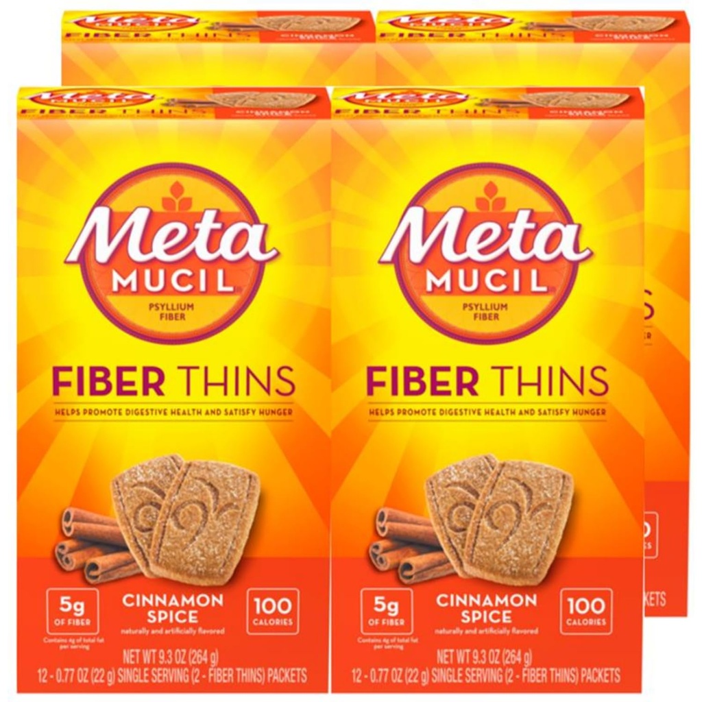 Metamucil Fiber Thins, Daily Fiber Supplement Snack, Psyllium Husk Powder, 5g Fiber per Serving, unterstützt Verdauungsgesundheit und Zufriedenheit Hunger, Cinnamon Gewürz Geschmack, Packung 4, 12 Servieren jeder