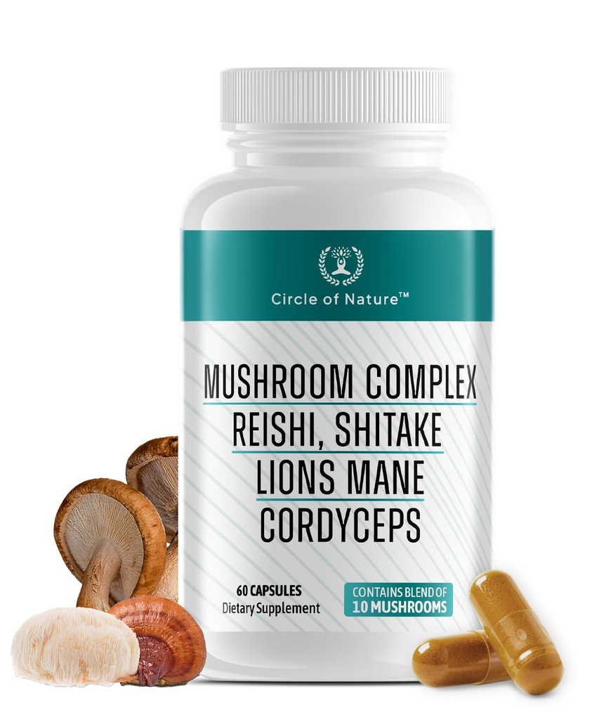 Brain Booster Mushroom Complex Supplemento, Natural Mood Uplifter con 10 Funzioni Funzioni Funghi, Lions Mane, Reishi, Cordyceps e 7 Più in Capsule 1330mg Made in USA, 60 Capsule