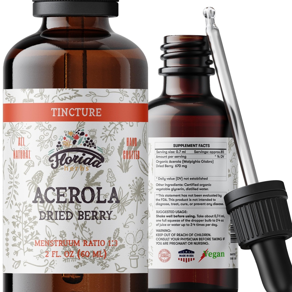 Acerola Tincture (Vitamin C), Organic Acerola Extract (Malpighia Glabra) Getrocknete Beere für Blut, Herz, Arterien, Non-GMO in kalt-gepressten organischen Gemüse Glycerin, Florida Kräuter ergänzt