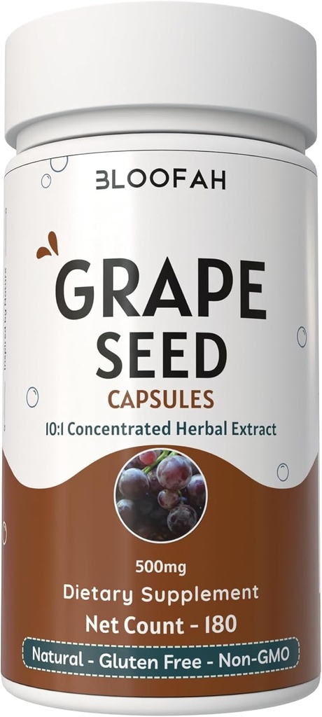 Grape Seed Capsules 500mg | Vitis vinifera Konzentrat 10:1 Extraktpulver | Natürliche Kräuterergänzung, Non-GMO, Glutenfreie Formel (180 Count (Pack von 1)