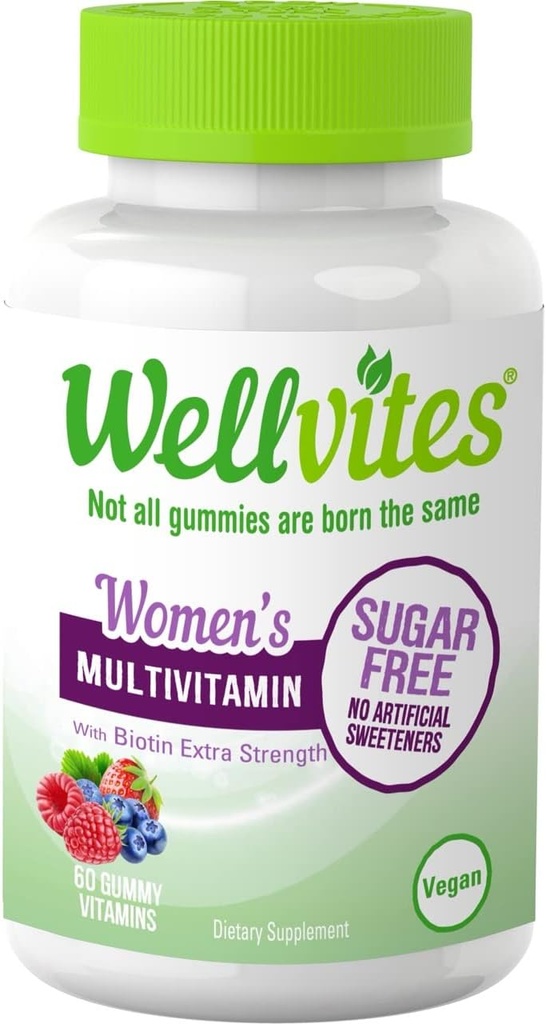 Wellvites Sugar Free Multivitamin Gummies for Women with Biotin, Vegan, Non-GMO - Vitamins for Women, Vitamin A, B6, and B12, No Artificial Sweeteners, Gluten-Free,60 Count (30 Day Supply)