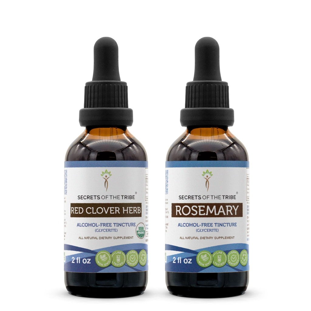 Red Clover Herb USDA Organic and Rosemary Liquid Extract (2 pz.) | Alcohol-Free Tinctures | Organic Red Clover Herb (Trifolium Pratense) e Rosemary (Rosmarinus Officinalis) Dried Leaf (2x2 fl oz)