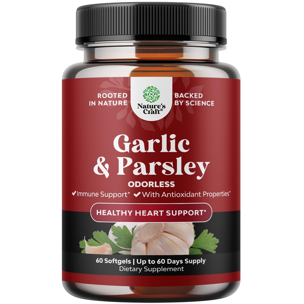 Softgels aglio senza odore concentrato - Estratto di prezzemolo e integratori aglio invecchiati per la salute circolatoria, la digestione, il supporto immunitario e il fegato Detox - Parsley Softgels for Gut Support - 60 Ct