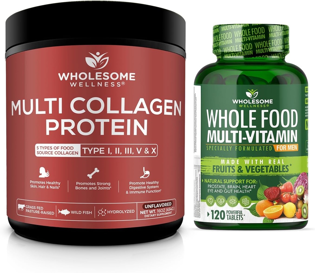 Multi Collagen Protein Pulver hydrolysiert (Typ I II III V X) + Ganzes Lebensmittel Multivitamin für Männer - Natürliche Multi Vitamine, Mineralien, Bio-Extrakte Bundle